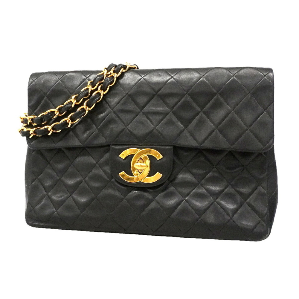 Chanel Shoulder Bag, Large Matelassé, Double Chain, Lambskin, Black, Women's